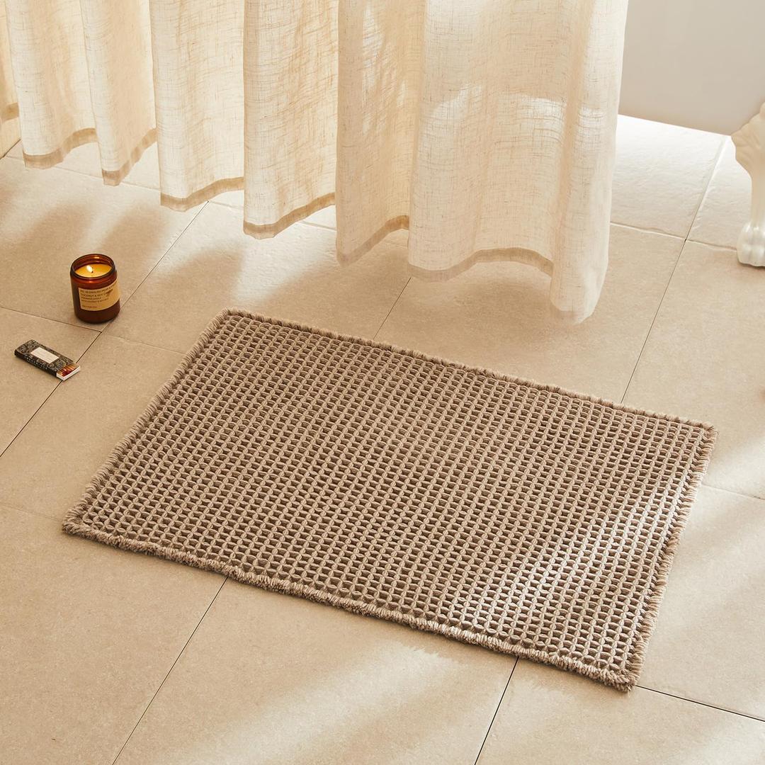 TYUU Waffle Bath Mat, Boho Bathroom Rugs Non Slip Washable Super Absorbent Quick Dry Bath Mat Farmhouse Bathroom Decor, 30"x20" Beige