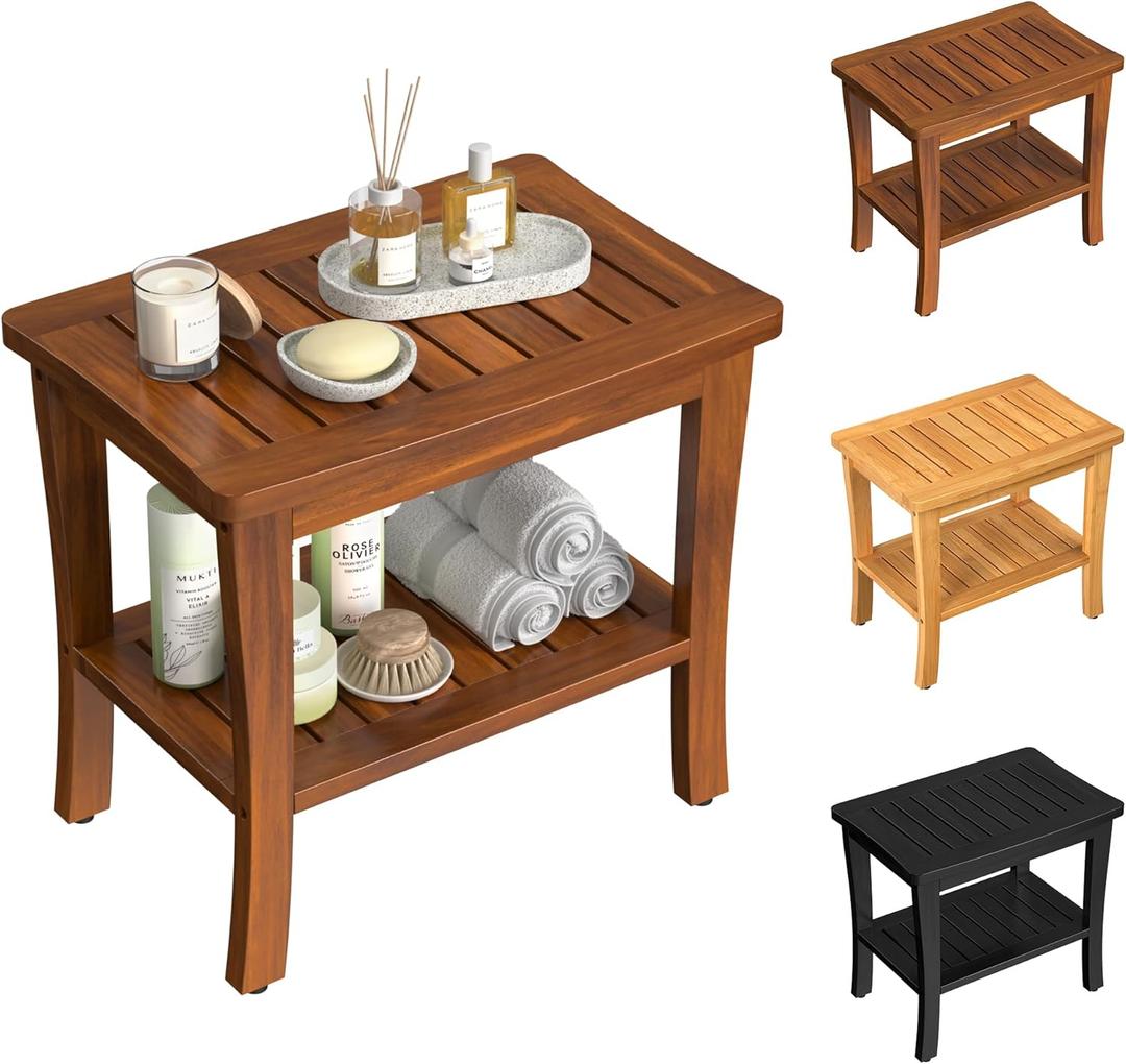 Large Teak Wood Shower Bench Stool with Storage Shelf Wooden Teak Bench for Shower Seat Chair for Inside Shower Waterproof Teakwood Shower Bench Bathroom Spa Bathing Shower Stool with Non-Slip Feet (20"W  13.5"D  18.5"H, Brown)