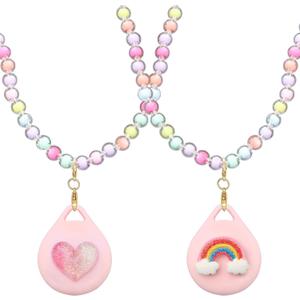 2 Pack Kids Necklace Holder for Airtag, Cute Girls Rainbow & Heart Shape Beaded Necklace Case for Girls