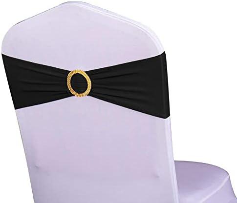 WENSINL Pack of 50 Spandex Black Chair Sashes with Gold Buckles, Stretch Chairs Sashes for Wedding Party Baby Shower Ceremony Event Decorations Chair Bands Bows (Black Sashes, Gold Buckles)
