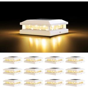 12-Pack Solar Post Cap Lights Outdoor, Waterproof Solar Powered Fence Post Lights for 4x4 4.5x4.5 5x5 Vinyl/Wooden, White Outside 16LEDs Warm/Cool Lighting Deck Light for Garden, Patio, Porch