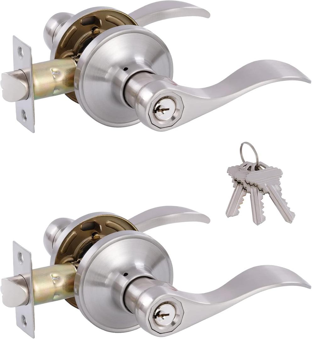 2 Pack Door Levers Interior Keyed Difference Entry Front/Bedroom Door Handles for Left and Right Opened Door with Lock and Keys Set in Satin Nickel
