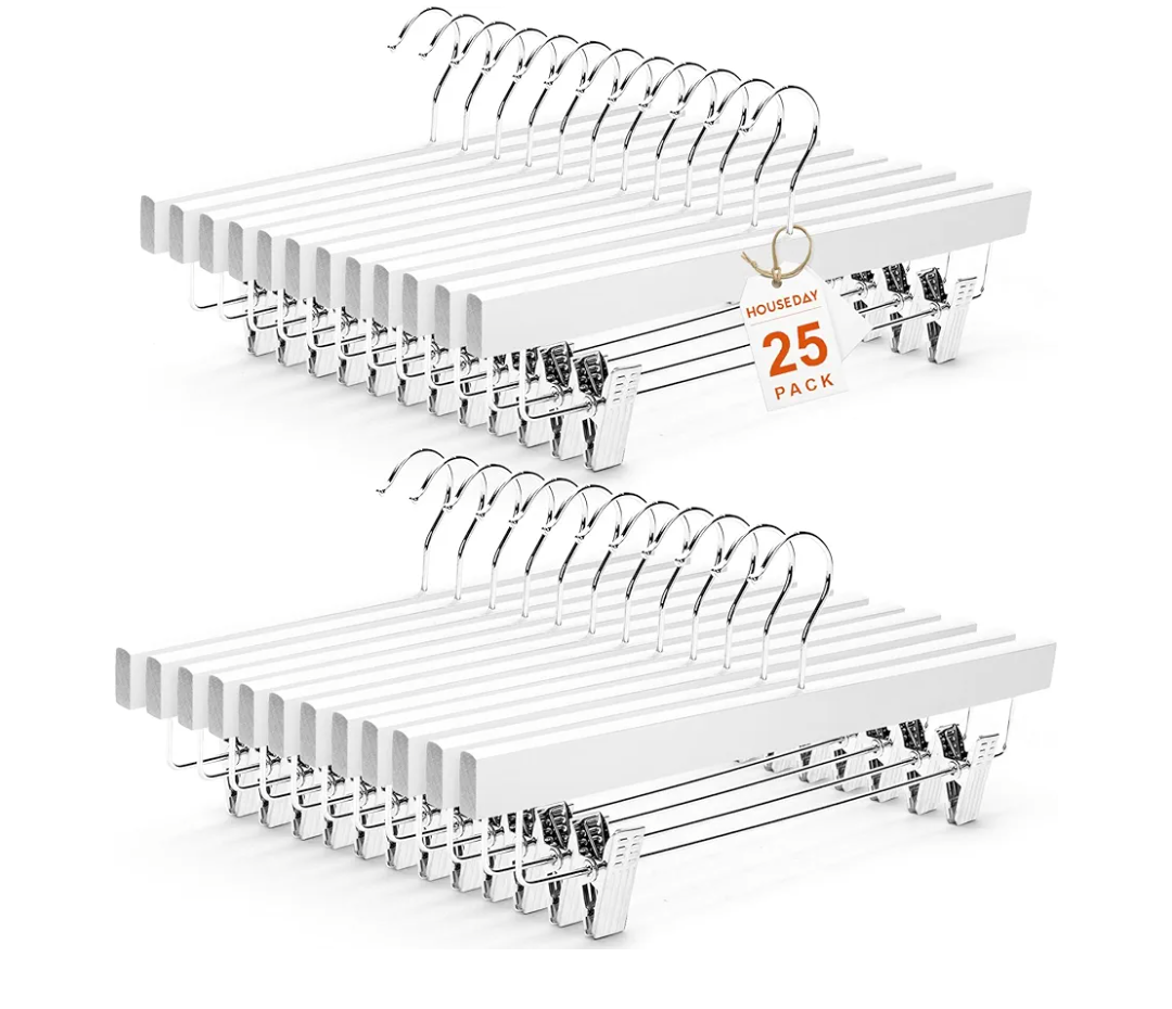 HOUSE DAY Premium Wooden Pants Hangers 25 Pack, Solid Lotus Wood Skirt Hangers with 2-Adjustable Clips, Heavy Duty & Anti Slip Wood Bottom Hanger for Slacks, Jeans, Trousers, Shorts (White)