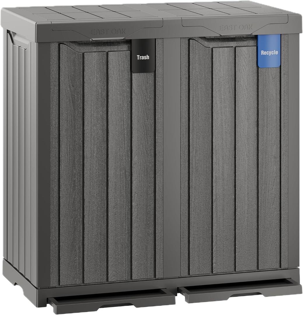 EAST OAK 62 Gallon Outdoor Trash Can | Waterproof Resin Garbage Can with Recycle and Garbage Labels | Secure Bag Lip Lock and Drip Tray | Outside Trash Bin for Patio | Kitchen, Backyard or Deck | Gray