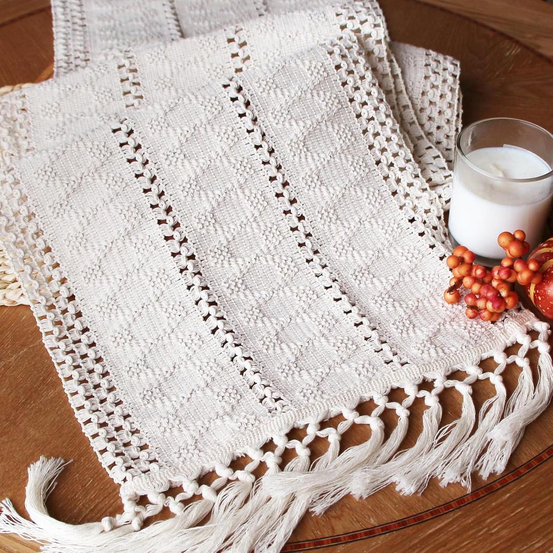 Boho Table Runner 72 Inches Long for Home Decor Macrame Table Runner Cream Farmhouse Table Runner with Tassels for Bohemian Dining Bedroom Decor Rustic Bridal Shower (12x72 Inches)