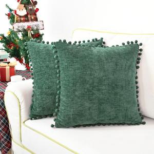 CaliTime Throw Pillow Cases Pack of 2 Cozy Solid Dyed Soft Chenille Cushion Covers with Pom Poms for Couch Sofa Home Decoration 22 X 22 Inches Dark Green (22" x 22" (Pack of 2))