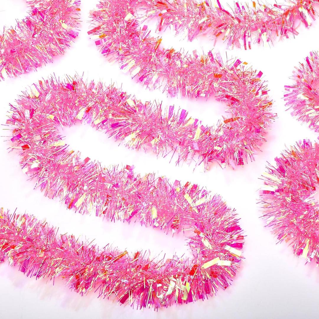 Dilunave 40 Feet Christmas Tinsel Garland Metallic Foil Twist Tinsel Garland Decoration for Christmas Tree, Wedding, Birthday and Party Hanging Decorations(Pink, Rainbow)