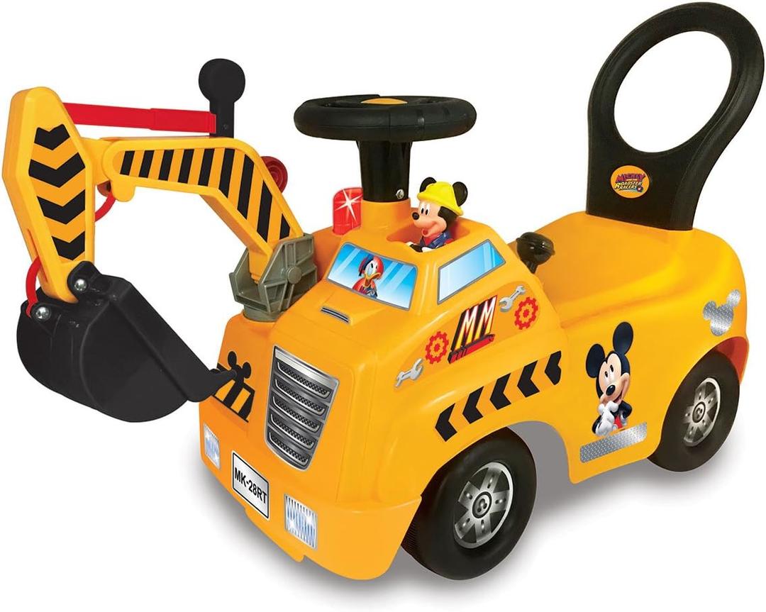 Kiddieland Disney Mickey Activity Crane Ride-On for Toddlers with Music, Lights & Sounds, Steering Wheel Horn, Up/Down Crane Arm, Ages 1-3 Indoor Outdoor Foot-to-Floor Toy