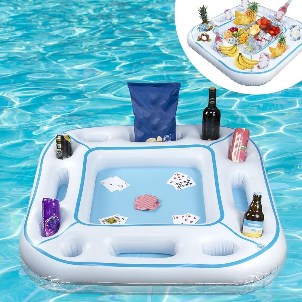 Floating Table for Pool Game with Waterproof Playing Cards, Inflatable Pool Party Tray Float for Drink Snack Holder, Floating Card Game Table, Pool Accessories for Hot Tub, Beach Summer Parties White