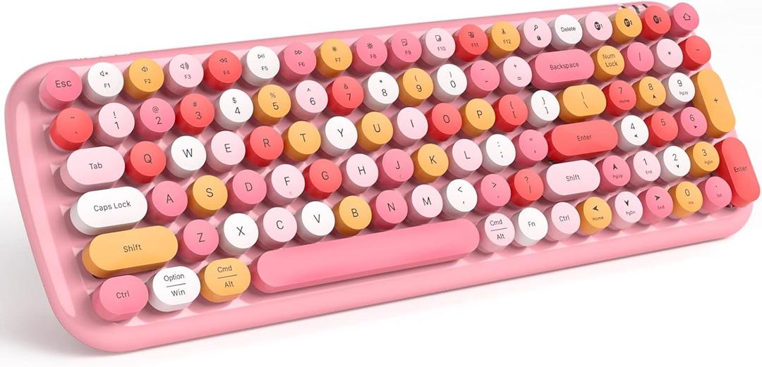 MOFII Wireless Bluetooth Keyboard for Mac, iPad, iPhone, PC, Laptop & Android, Connect up to 3 Devices Simultaneously, Portable 100-Key Typewriter Retro Round Keycaps Keyboard - Pink Colors (Light Pink)