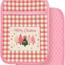 Slohif Silcone Christmas Pot Holders for Kitchen - 100% Cotton Pink Cute Oven Potholders with Pockets, Heat Resistant Square Thick Hot Pads, House New Home Baking Baker Gifts,2pack