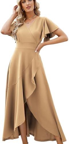 Long Tan Formal Dresses for Women Gowns Evening Party Cocktail Dress,Split Elegant V Neck Wrap Ruffle Wedding Guest Dresses Size 3XL