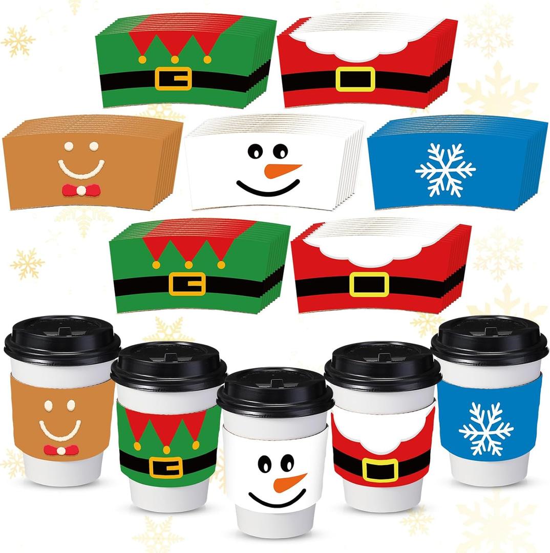 Sliner 200 Pack Christmas Coffee Cup Sleeves Disposable Paper Cup Sleeves Double Layer Covers for 12 16 oz Coffee Cups Home Office Xmas Party Hot Cold Beverage Supplies Xmas Party Decoration(Lovely)