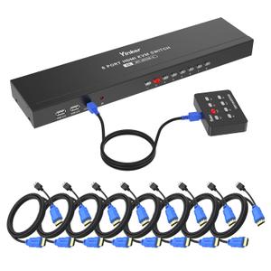 KVM Switch HDMI 8 Port, Yinker 4K@30Hz USB HDMI Rack KVM Console 8 in 1 Out w/9pack Cables 4 USB 2.0 Hubs Desktop Selector IR Remote & Ears