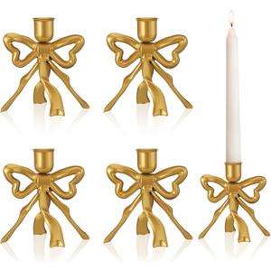 Mumufy 4 Pcs Gold Bow Taper Candle Holder Vintage Metal Candle Stick Holders Antique Brass Decorative Candlestick for Wedding Christmas Home Table Decor, 4.5" W x 4.3" H
