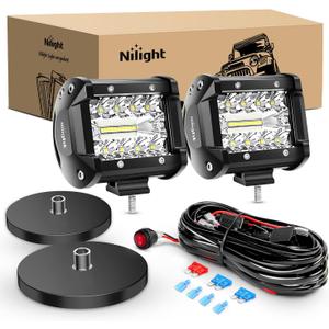 Nilight 2PC 4Inch Triple Row Lights 60W Flood Spot Combo 6000LM Bar Driving Boat Led Off Road Trucks with 2PC Magnetic Base LED Light Bar Mounting Brackets Switch Wiring Harness Kit