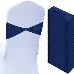 Kinlop 50 Pcs Spandex Chair Sashes Bows Chair Bands Slider Sashes for Covers Elastic Bands Ties Without Buckle Decorations for Wedding Party Events Ceremony Birthday (Navy Blue)