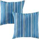 Set of 2 Outdoor Throw Pillows 17 x 17 Inch – Reversible Square Patio Accent Pillows – Weather-Resistant Polyester Fabric – Eco-Friendly Recycled Polyfiber Fill, Sapphire Stripe