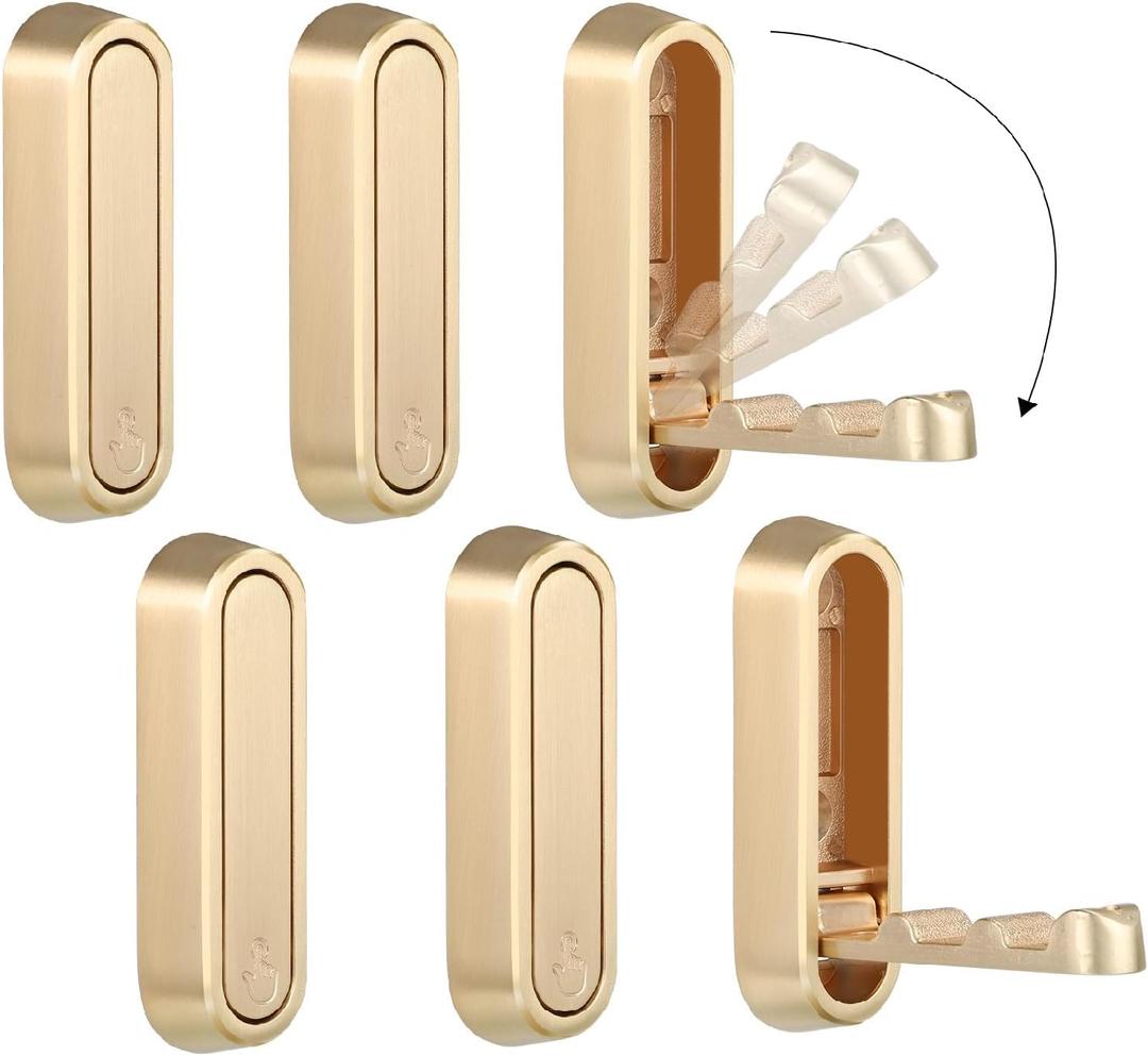 Dntorx Folding Coat Hooks, 6 Pcs Foldable Gold Wall Hooks Heavy Duty Foldable Hook Bathroom Towel Hooks Robe Hooks Wall Mounted for Hanging Coat Towels Clothes Hat Bags Keys