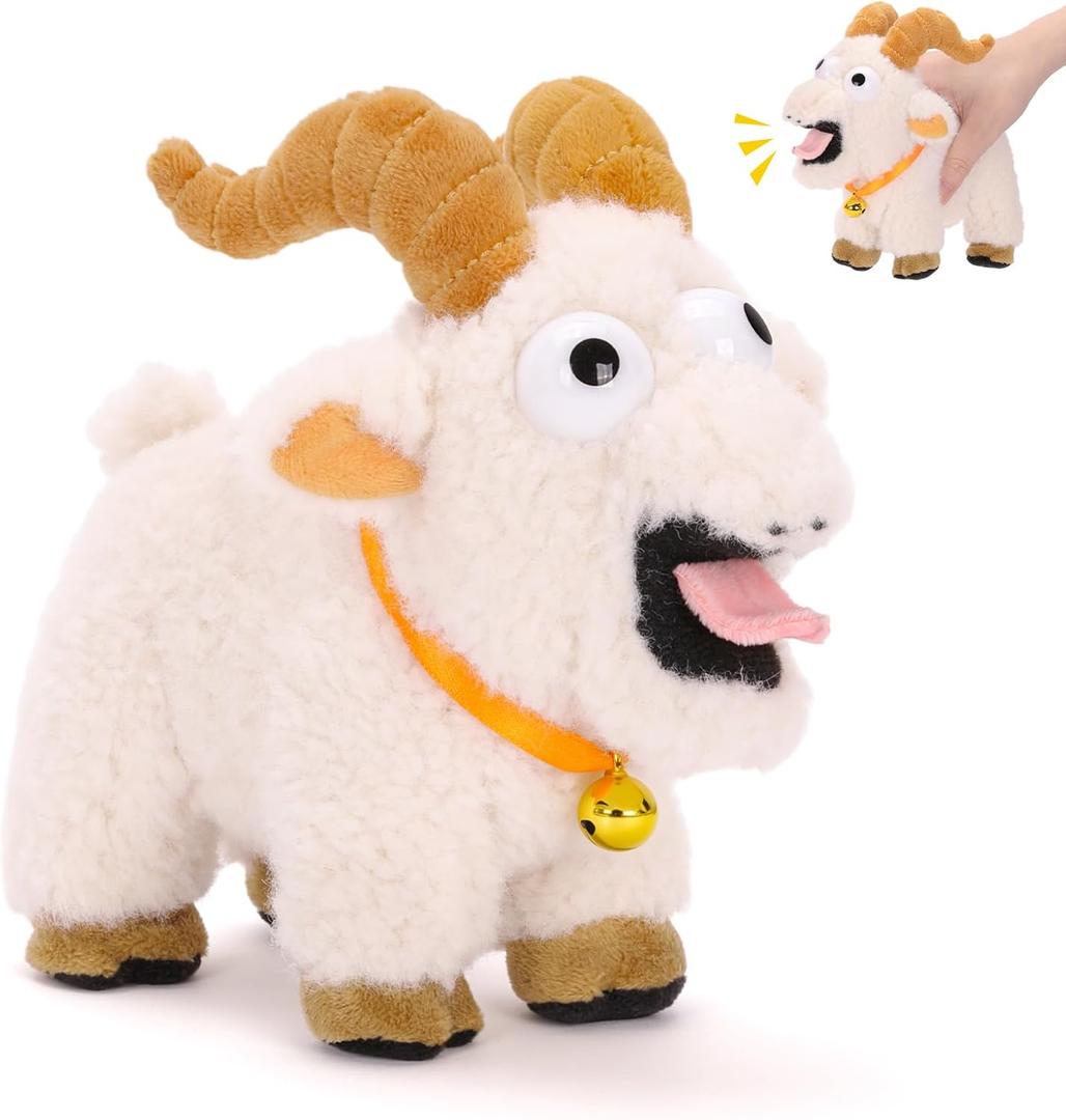 FunisFun Goat Plush with Bell, Goat Stuffed Animal with Funny Screams Sound, Gag Gift for Adults Friends and Coworkers Desk Toy