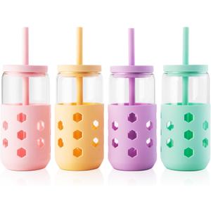 Mrsdry Glass Cups with Lids and Straws (4 Pcs), 16oz Drinking Glasses Set with Silicone Sleeves for Coffee Bar Accessories Iced Coffee Cups with Lids, Glass Tumbler Reusable for Gifts