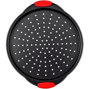 13 Inch Pizza Pan for Oven, Round Pizza Pan with Holes - Non-Stick Carbon Steel Pizza Tray with Silicone Handles - for Cooking, Baking, and Grilling - Dishwasher Safe