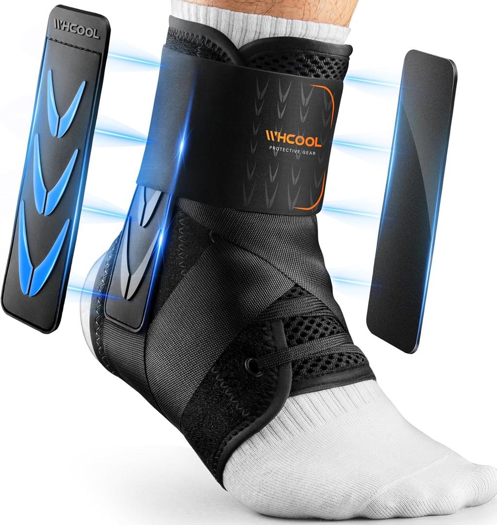WHCOOL Slim-Fit Ankle Brace for Sprained Ankle, Quick Lace Up Ankle Support for Women Men with 2 Auto-Shaped Pads, Air Fabric Cool Ankle Stabilizer for Injury Recover, Running, Sports, M(12”-13”)