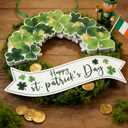 St. Patricks Day Wreath for Front Door, 13Inch Foldable Shamrock Wreath with Word Signs for Irish Holiday Outdoor, Wall Decor (Green, White, and Gold)