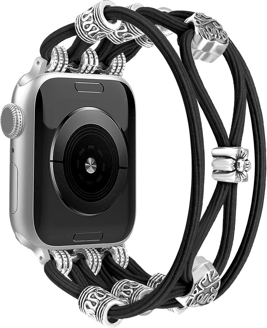 Newlibery Beaded Bracelet Compatible with Apple Watch Band 40mm 41mm 38mm 42mm(S10/11) Women Boho Braided Solo Loop Nylon Stretchy Dressy Replacement Strap for iWatch Series 11/10/9/8/7/6/5/4 SE 3/2/1