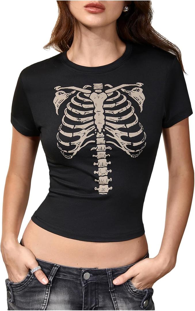 Women's Retro Gothic Skeleton Graphic Tees Y2K Vintage Short Sleeve Crop Tops Crew Neck Summer T Shirts (S)