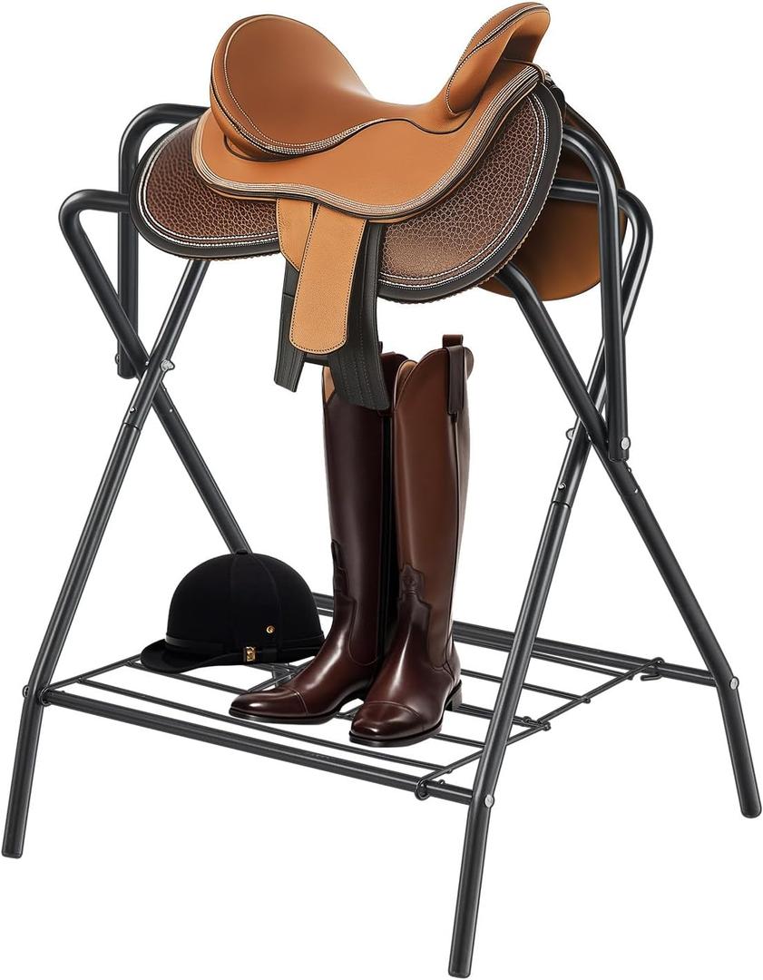 VEVOR Folding Saddle Rack, Freestanding Horse Saddle Stand, Portable Horse Blanket Holder, Heavy Duty Steel Saddle Rack for English & Western Saddles, Tack Storage, 28 x 19 x 37.5 in, Black