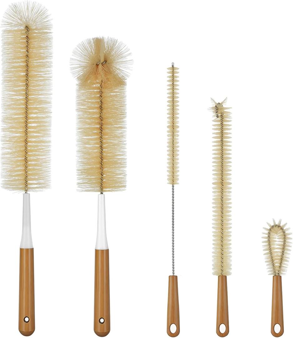 ALINK Extra Large Long Bottle Brush Set - 16" / 15" Long Bamboo Handle Bottle Cleaner for Narrow Neck Beer Wine Bottles, Decanter, Tumblers, Thermos, Jugs with Straw Brush, Kettle Spout/Lid Brush