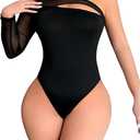 Milumia Women's One Shoulder Long Sleeve Bodysuit Sexy Sheer Mesh Cut Out Rave Party Tops Black Small