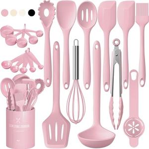 Umite Chef 22-Piece Silicone Cooking Utensils Set, Heat Resistant & Dishwasher Safe Kitchen Tools, Non-Scratch Spatula Set for Nonstick Cookware (Pink)