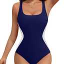 BMJL Women's One Piece Swimsuits Tummy Control Slimming Bathing Suits Crisscross Lace up Back Color Block Scoop Neck Swimwear (Navy Blue064, Small)