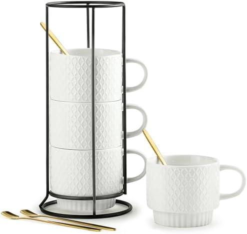 LYEOBOH Stackable Coffee Mugs with Rack, 13 oz Ceramic Coffee Mug Set of 4 with Stand, Latte Cup NO Spoon, Cappuccino Cups for Hot Cocoa, Milk, White