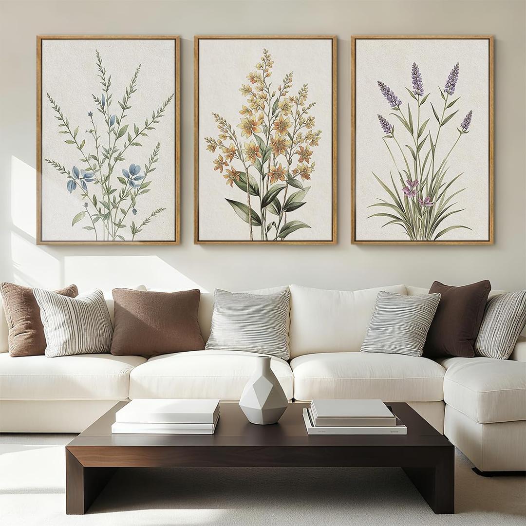 Anyzal Extral Large Neutral Floral Wall Art Beige Botanical Wall Decor Wildflower Painting 24x36 Inch Set of 3 for Living Room Bedroom Dining Room
