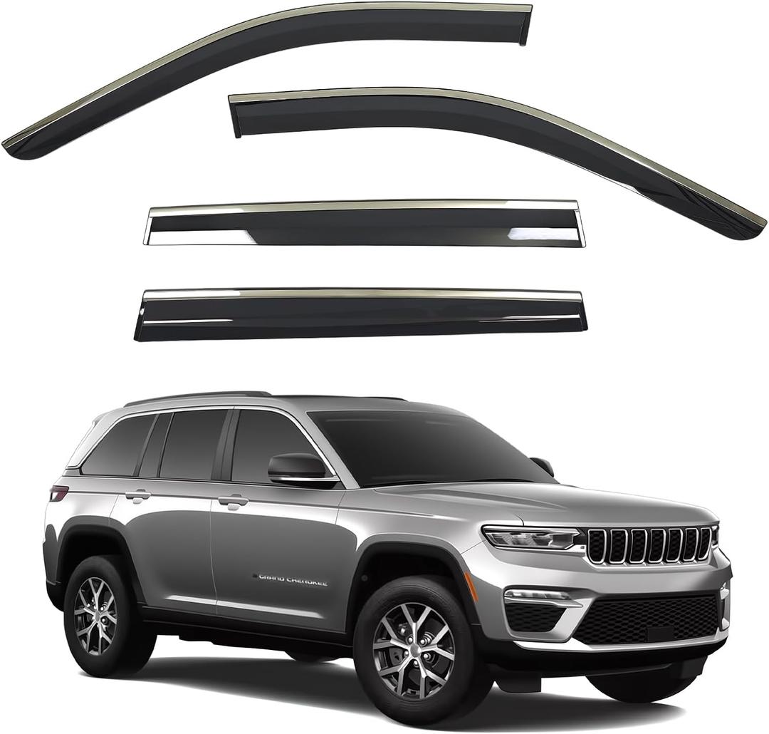 Window Visors Rain Guards fits 2022-2026 Jeep Grand Cherokee 2-row with Stainless Steel Chrome Trim, Out-Channel Side Window Wind Deflectors Vent Shades Accessories, black 4 Pcs, 2023 2024 2025