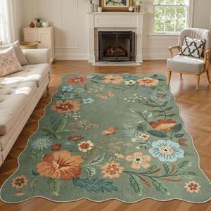 Lahome Floral Living Room Rugs, Area Rugs 5x7 Rug for Bedroom Ultra-Thin Soft Rug, Non-Slip Washable Rugs Stain Resistant Boho Low-Pile Throw Carpet for Dining Room Office (5x7ft,Green)