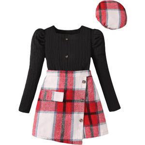 Clothes for Girls Puff Sleeve Plaid Skirt Beret 3 Piece Set 6-12Y