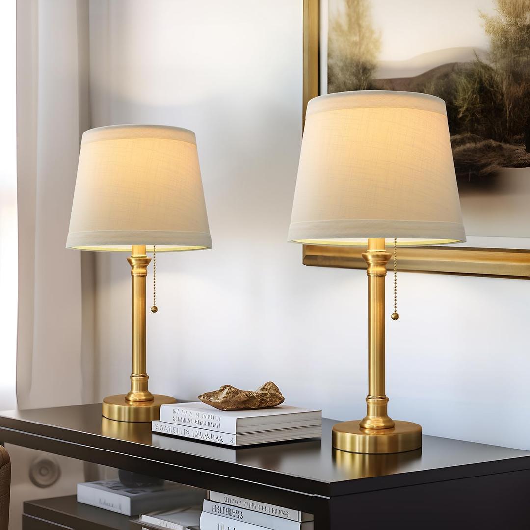 Oneach Modern Gold Brass Table Lamp Set of 2 for Bedroom Living Room 19.5'' Traditional Bedside Desk Nightstand Buffet Candlestick Samll Lamps with White Drum Shade