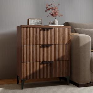 Wood Night Stand Fluted Dresser for Bedroom 3 Drawers End Tables Nightstand, Storage Modern Side Table Natural Walnut Bedside Table