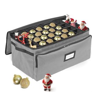 Premium Christmas Ornament Storage Box  Holds up to 72-3 Ornaments + 6 Side Slots for Figurines & Nutcrackers  Holiday Decoration Organizer  Durable 600D Grey Canvas (Gray)