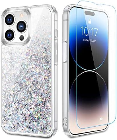 Caka Glitter Case for iPhone 14 Pro Max for Women Girls, Bling Sparkle Liquid Phone Cover with Screen Protector, Sparkly Girly Flowing Floating Moving Quicksand Accessories - Silver