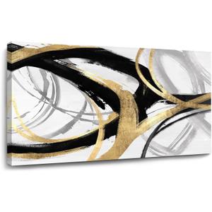 Kureful Gold Wall Decor - Black Canvas Wall Art for Living Room- Large Line Artwork - 20" x 40" Oil Painting Abstract Pictures for Bedroom Kitchen Home Office