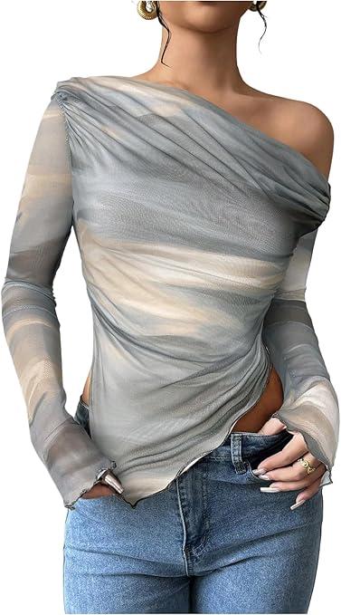 RoseSeek Women's Off Shoulder Tie Dye Mesh T Shirt Long Sleeve Asymmetrical Hem Ruched Fitted Tee Tops Large