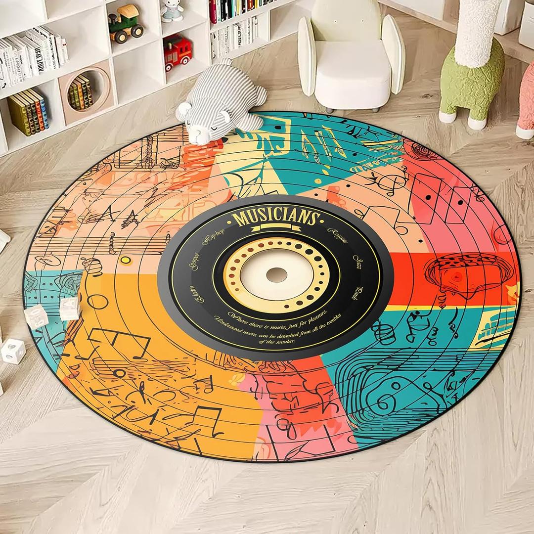 KALERA Music CD Disc Shape Area Rug, Multicolor, 5'3" x 5'3" (Round), Tufted, Polyester, Low Pile, Non-slip Backing, Water Resistant, All Seasons, Teenagers and Above, Living Room