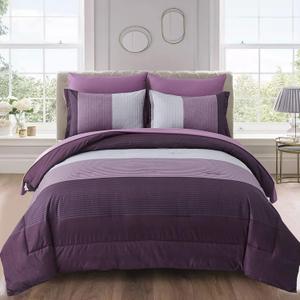 WONGS BEDDING Purple Comforter Set Queen, Reversible Purple Striped Patchwork Alternative Comforte Set for Queen Bed,3 Pieces(1 Comforter+2 Pillowcases), Soft Microfiber Bedding Set 9090