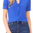 CeCe Women's Short Sleeve Button Ruffle Trim Top (Blue, M)