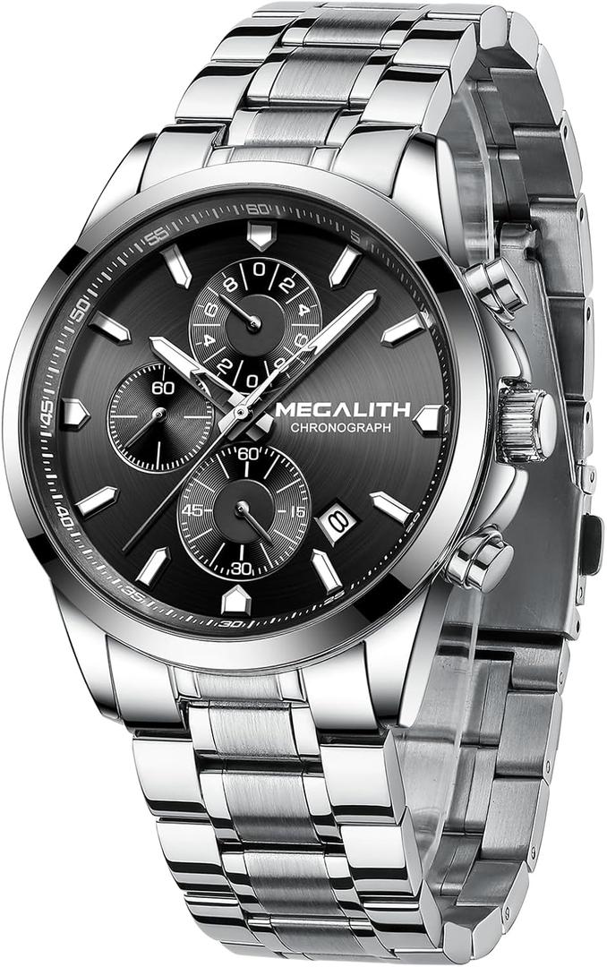 MEGALITH Wrist Watches for Men Luxury: Dress Silver Stainless Steel Chronograph Watch Waterproof - Gift for Husband Father at Birthday Anniversary